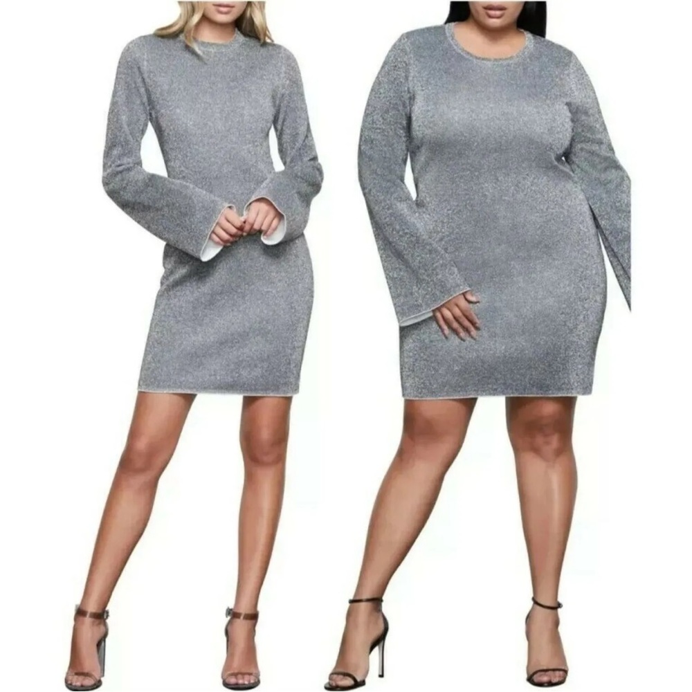 Good American Silver Metallic Sparkle Bell Sleeve Mini Dress Bodycon Size 4 XL
